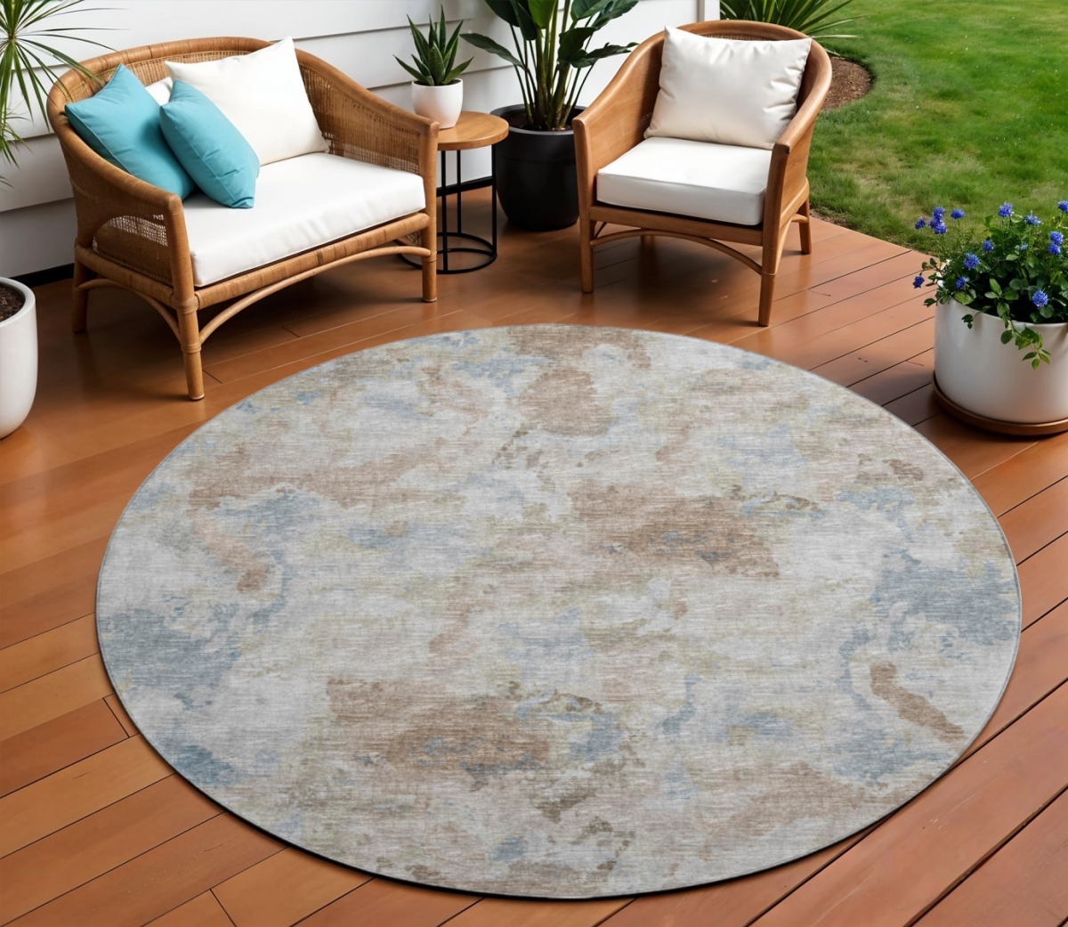 643597 8 ft. Midnight Ivory & Coffee Abstract Washable Transitional Indoor & Outdoor Round Area Rug