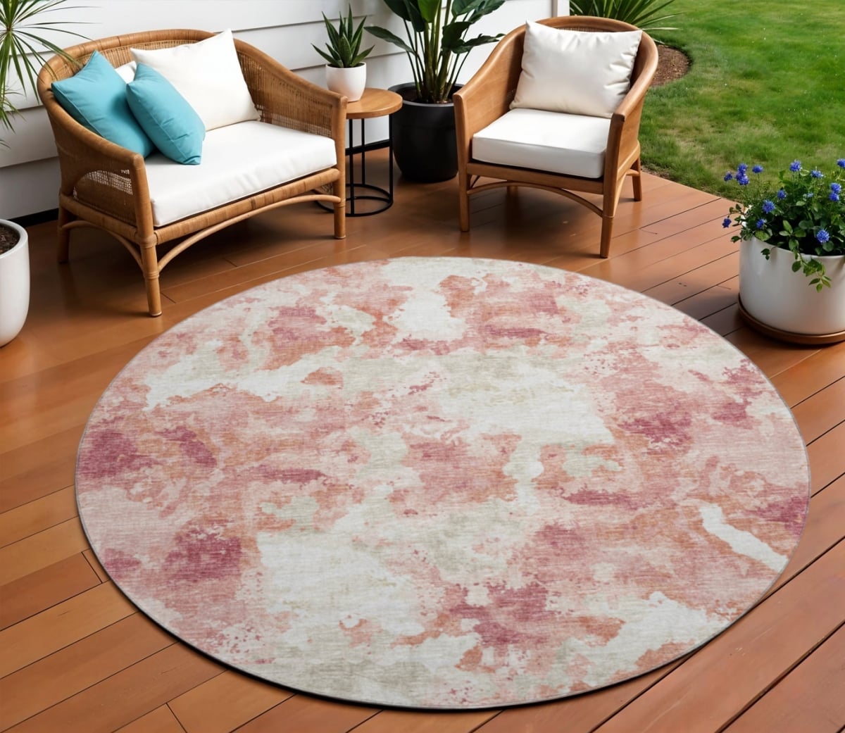 643603 8 ft. Pink & Ivory Abstract Washable Transitional Indoor & Outdoor Round Area Rug