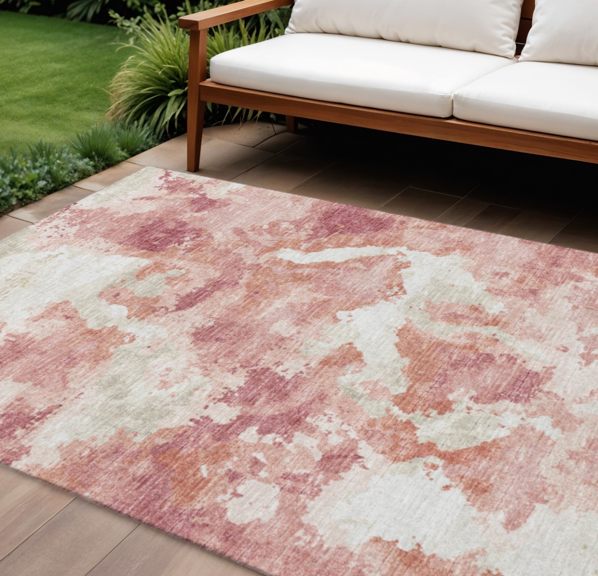 643606 10 x 14 ft. Pink & Ivory Abstract Washable Transitional Indoor & Outdoor Rectangle Area Rug