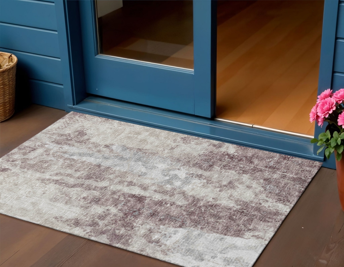 643619 3 x 5 ft. Plum & Ivory Abstract Washable Transitional Indoor & Outdoor Rectangle Area Rug