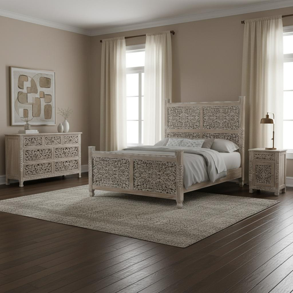 636275 70 x 67 x 89 in. Gray Solid Wood Bedroom Set - 3 Piece
