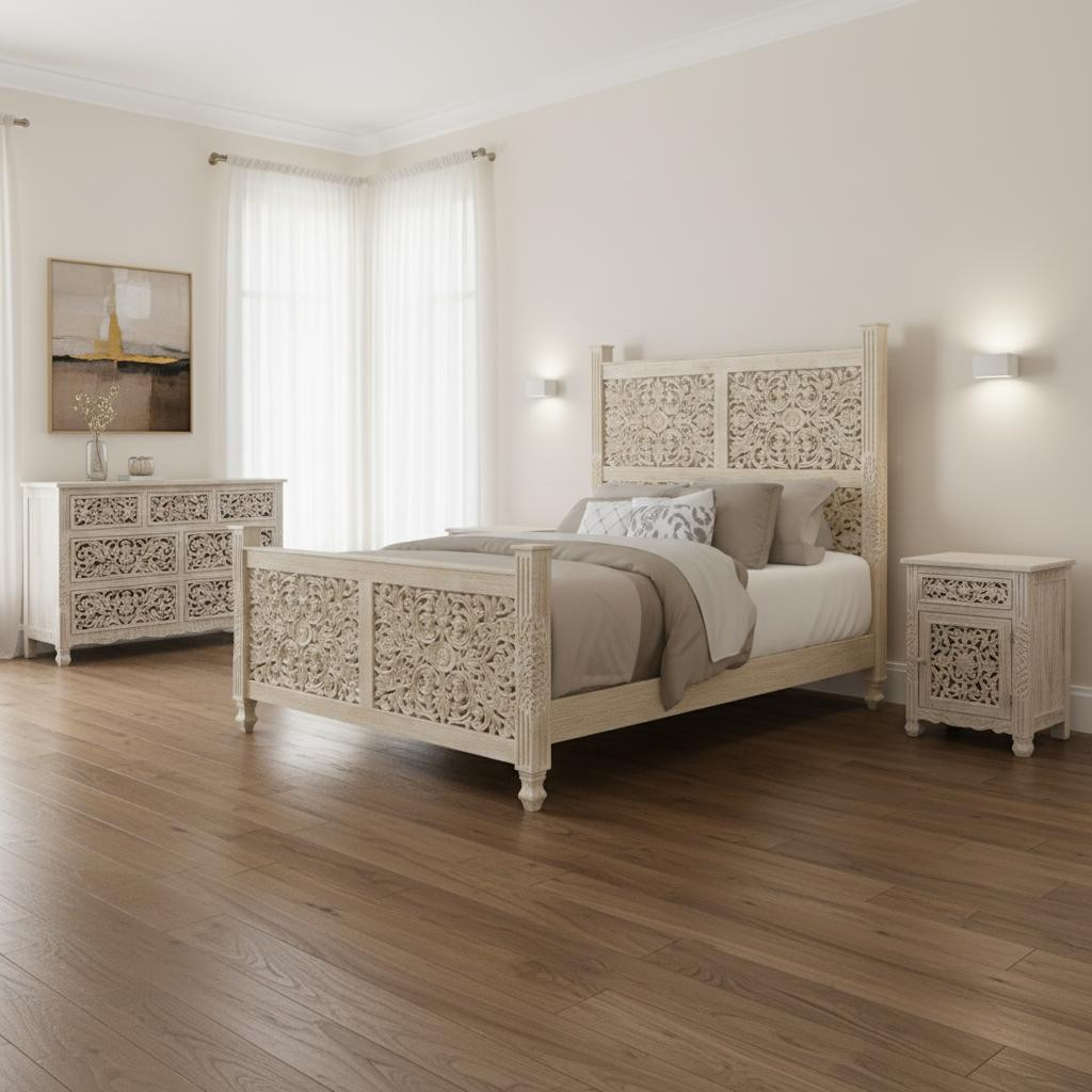 636277 69 x 81 x 89 in. White Solid Wood Bedroom Set - 3 Piece