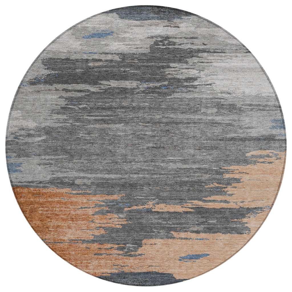 628946 8 ft. Rust & Gray Abstract Washable Transitional Indoor & Outdoor Round Area Rug