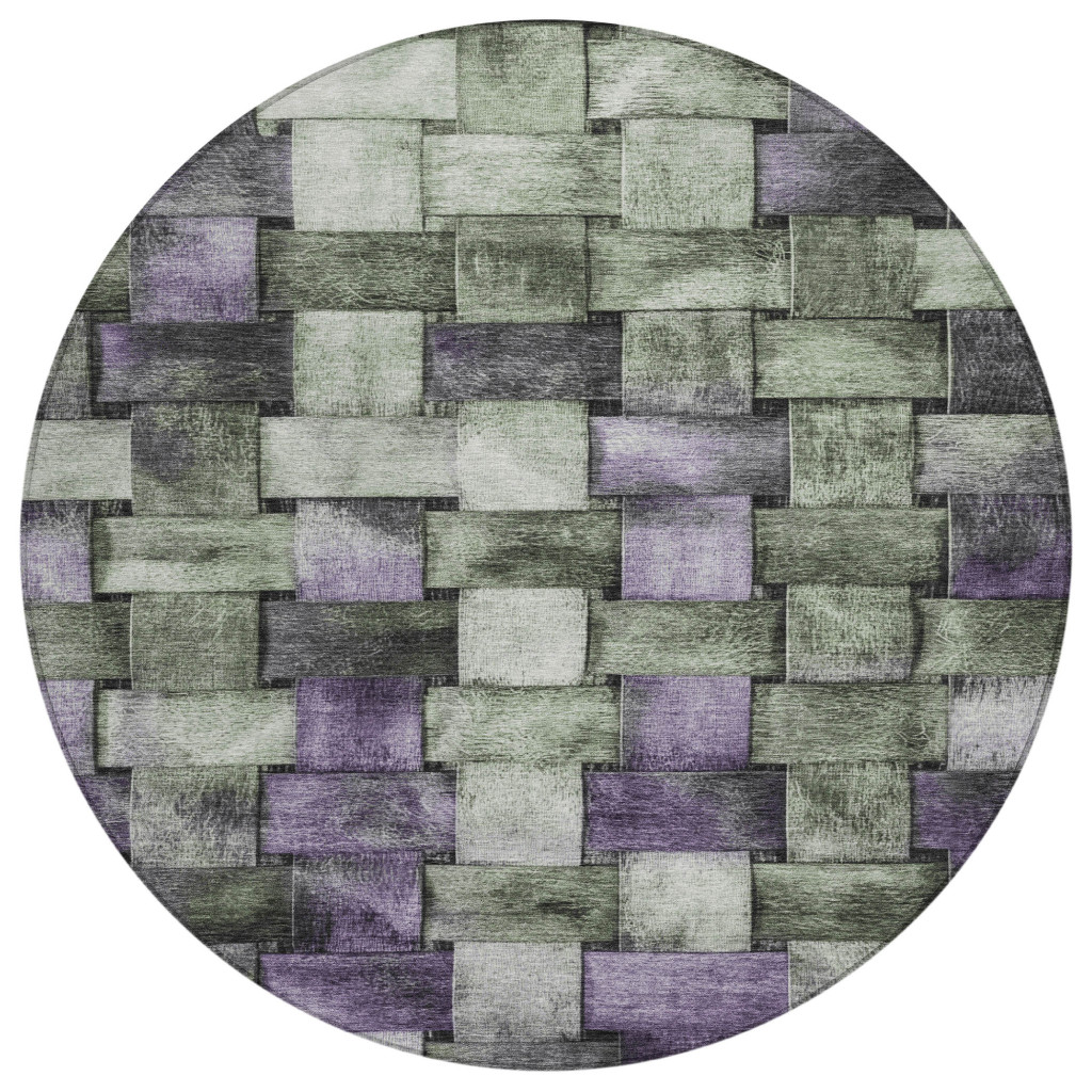 628304 8 ft. Sage & Purple Striped Washable Transitional Indoor & Outdoor Round Area Rug