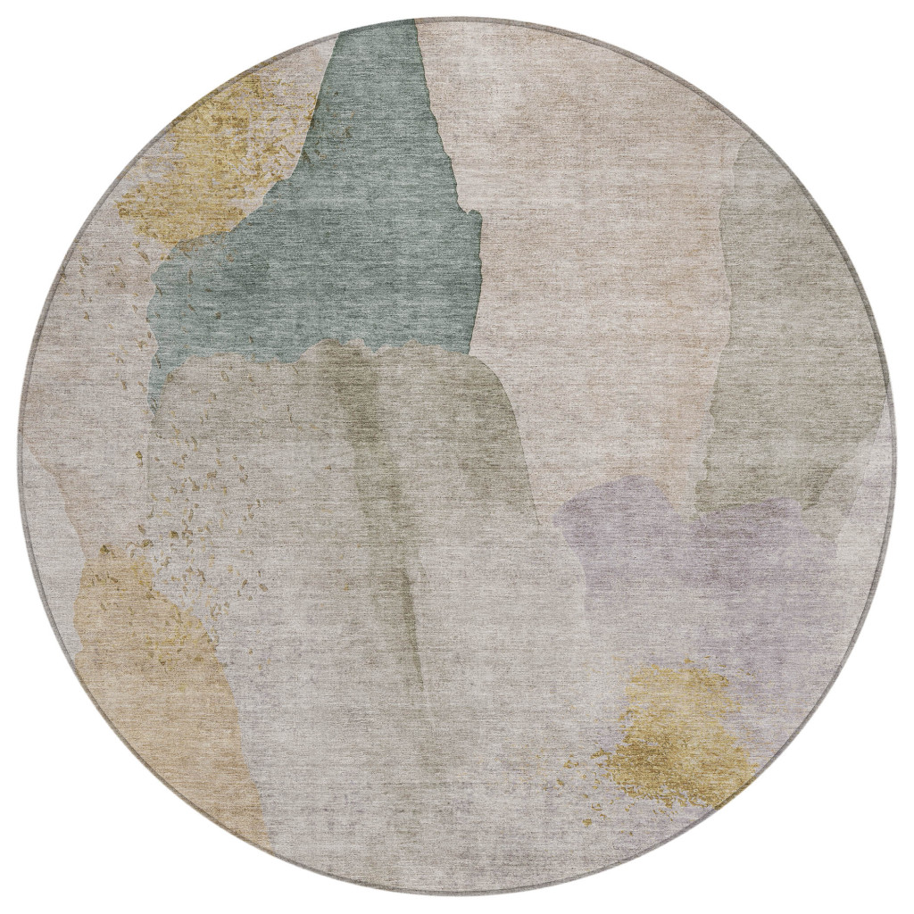 628238 8 ft. Beige & Taupe Abstract Washable Transitional Indoor & Outdoor Round Area Rug