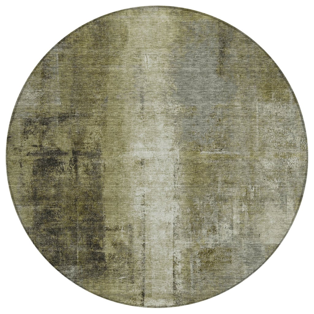 627997 8 ft. Olive Green & Ivory Abstract Washable Transitional Indoor & Outdoor Round Area Rug
