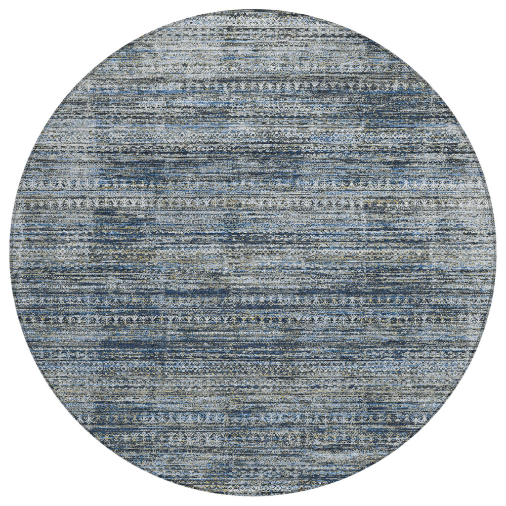 627781 8 ft. Denim Blue & Ivory Striped Washable Transitional Indoor & Outdoor Round Area Rug