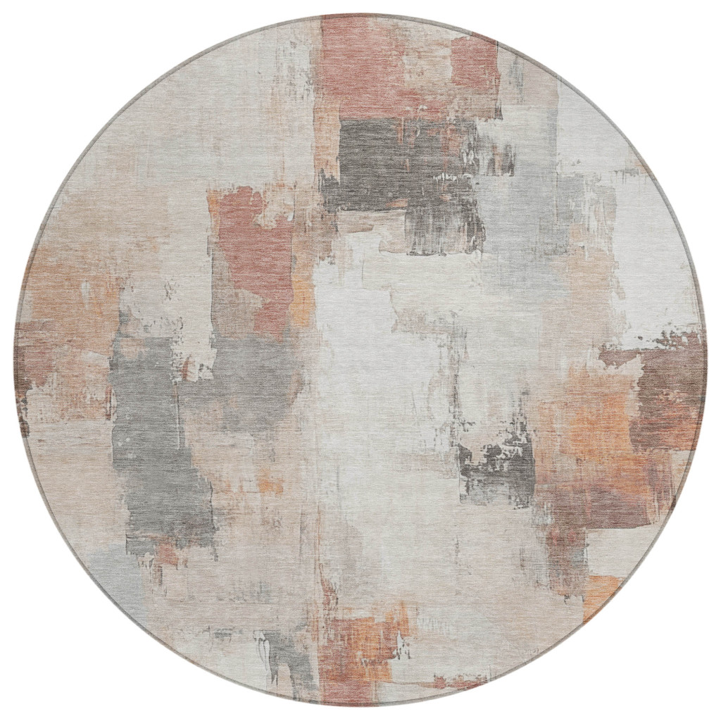 627661 8 ft. Rust & Ivory Abstract Washable Transitional Indoor & Outdoor Round Area Rug