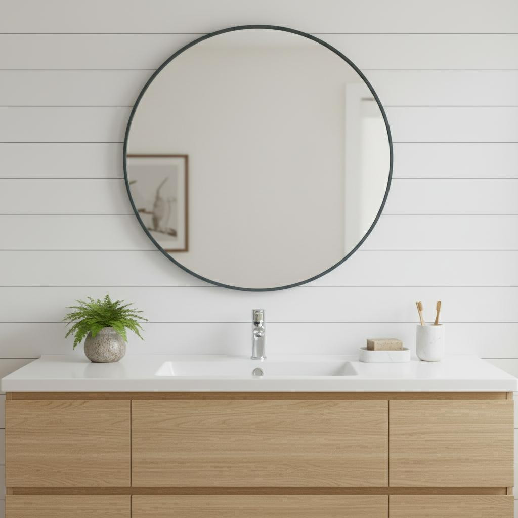 636259 30 in. Black Metal Round Framed Bathroom Vanity Mirror