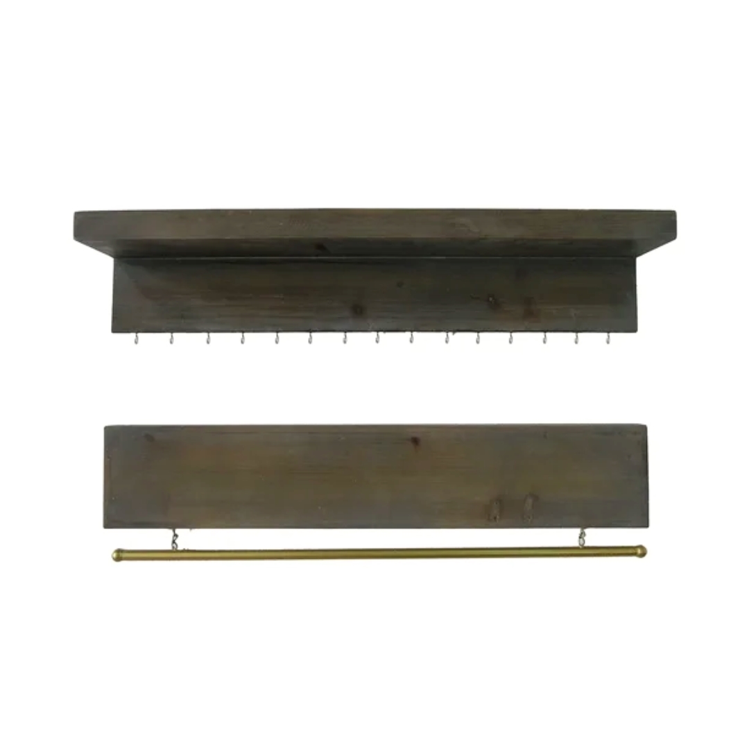 634520 6 x 32 x 6 in. Brown Wood Wall Mounted Accent Shelves with Hooks - Set of 2