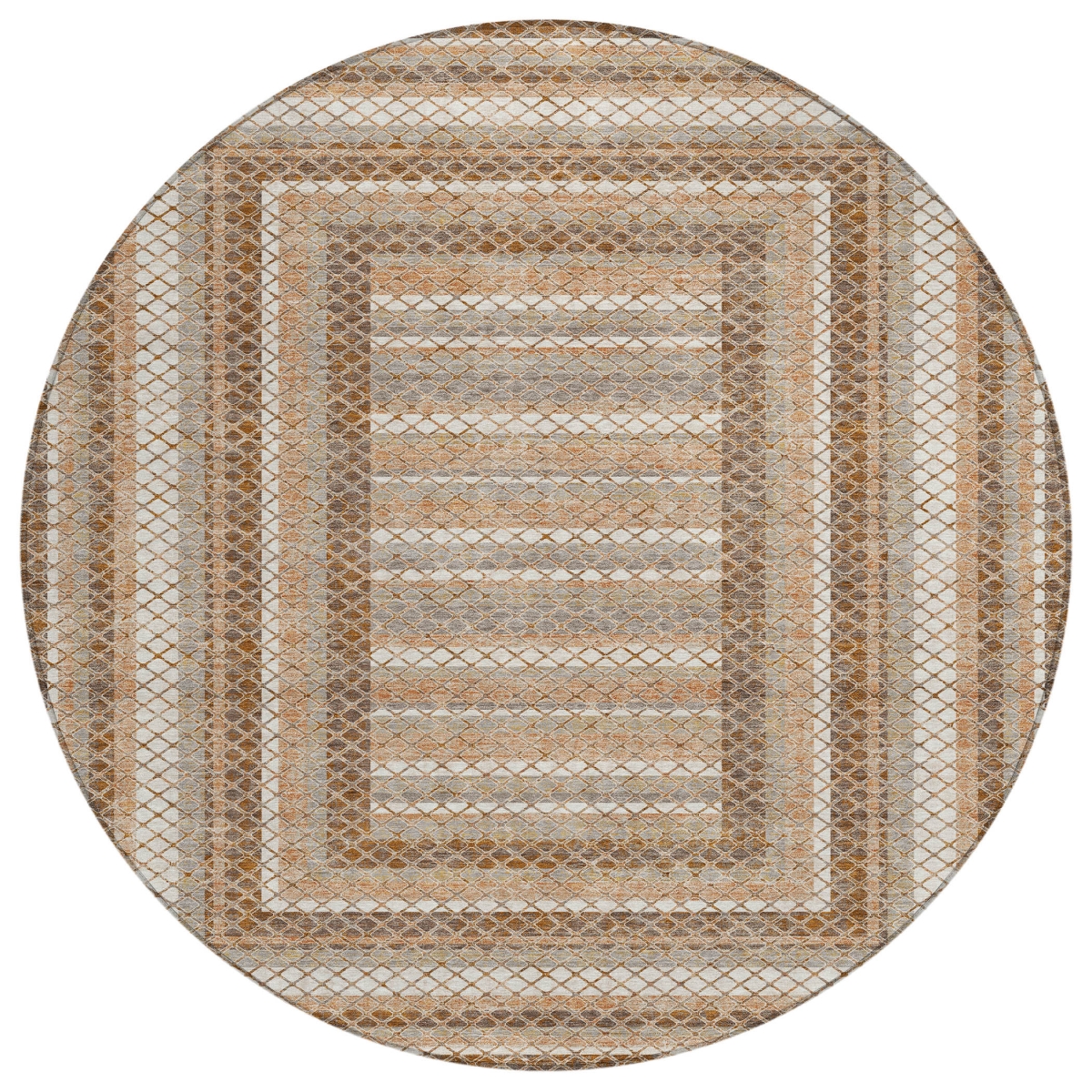 628964 8 ft. Chocolate & Beige Geometric Washable Transitional Indoor & Outdoor Round Area Rug