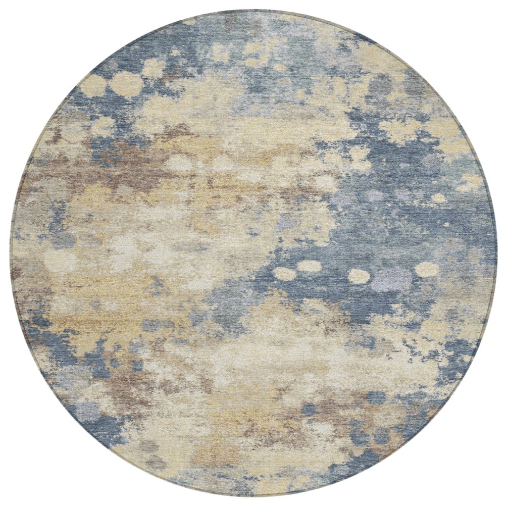 628400 8 ft. Gold & Beige Abstract Washable Transitional Indoor & Outdoor Round Area Rug