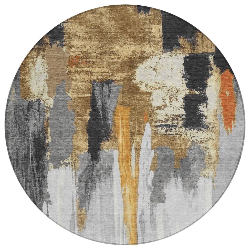 627943 8 ft. Black & Gold Abstract Washable Transitional Indoor & Outdoor Round Area Rug