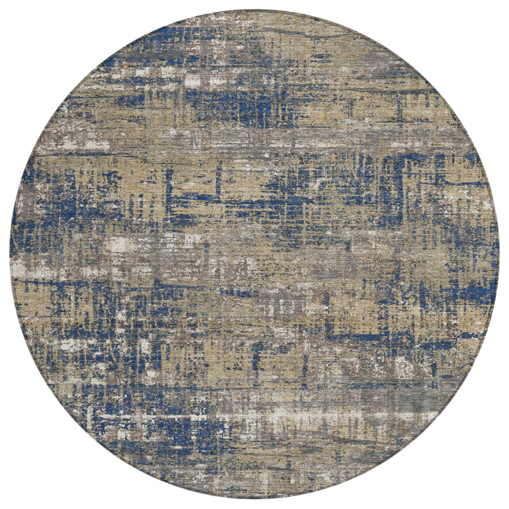 627703 8 ft. Navy Blue & Beige Geometric Washable Transitional Indoor & Outdoor Round Area Rug