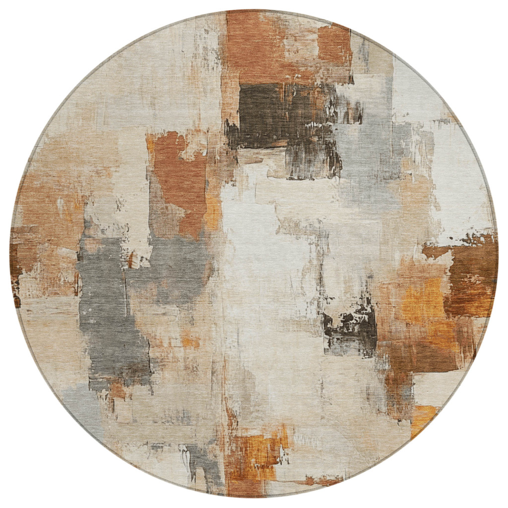 627643 8 ft. Ivory & Rust Abstract Washable Transitional Indoor & Outdoor Round Area Rug