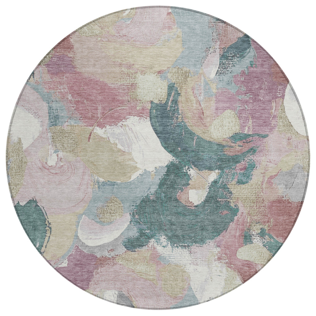 627577 8 ft. Mauve Beige & Sage Abstract Washable Transitional Indoor & Outdoor Round Area Rug