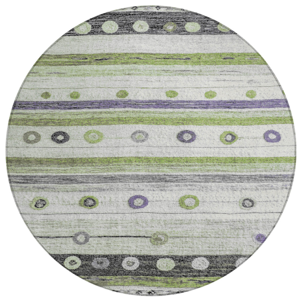 627535 8 ft. Artichoke Green Purple & Ivory Striped Washable Transitional Indoor & Outdoor Round Area Rug