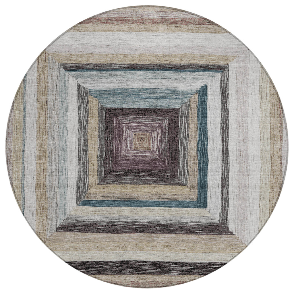 627136 8 ft. Beige Charcoal & Ivory Geometric Washable Transitional Indoor & Outdoor Round Area Rug