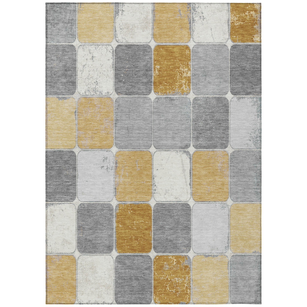 626936 3 x 5 ft. Gold & Gray Geometric Washable Transitional Indoor & Outdoor Rectangle Area Rug