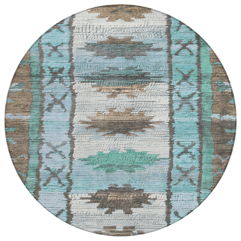 626842 8 ft. Brown & Teal Blue Tribal Washable Transitional Indoor & Outdoor Round Area Rug