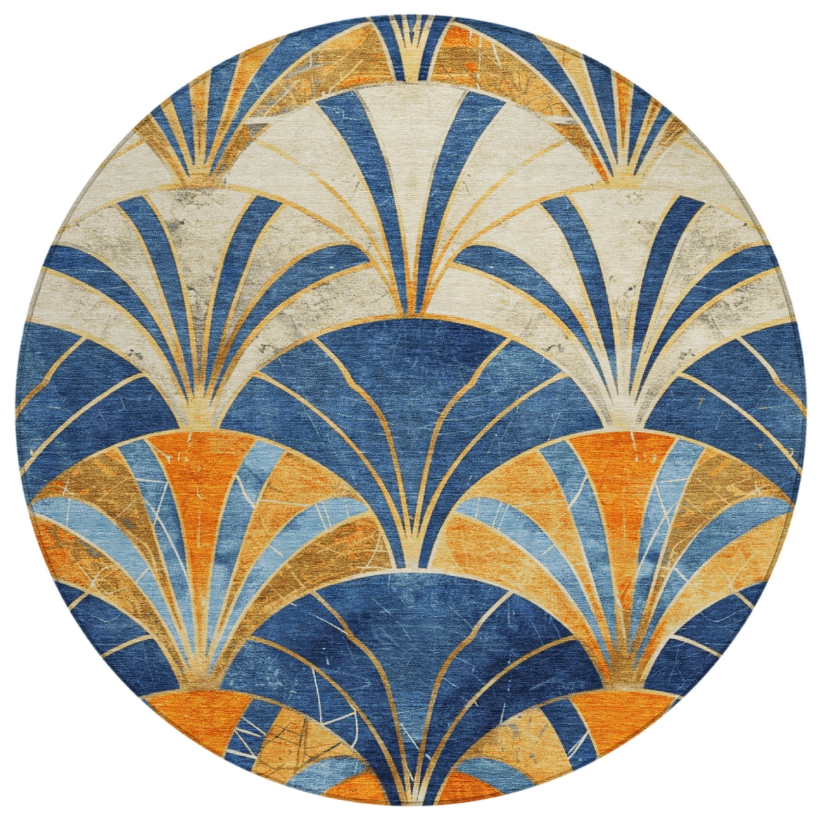 637919 8 ft. Blue Orange & Ivory Geometric Washable Transitional Indoor & Outdoor Round Area Rug
