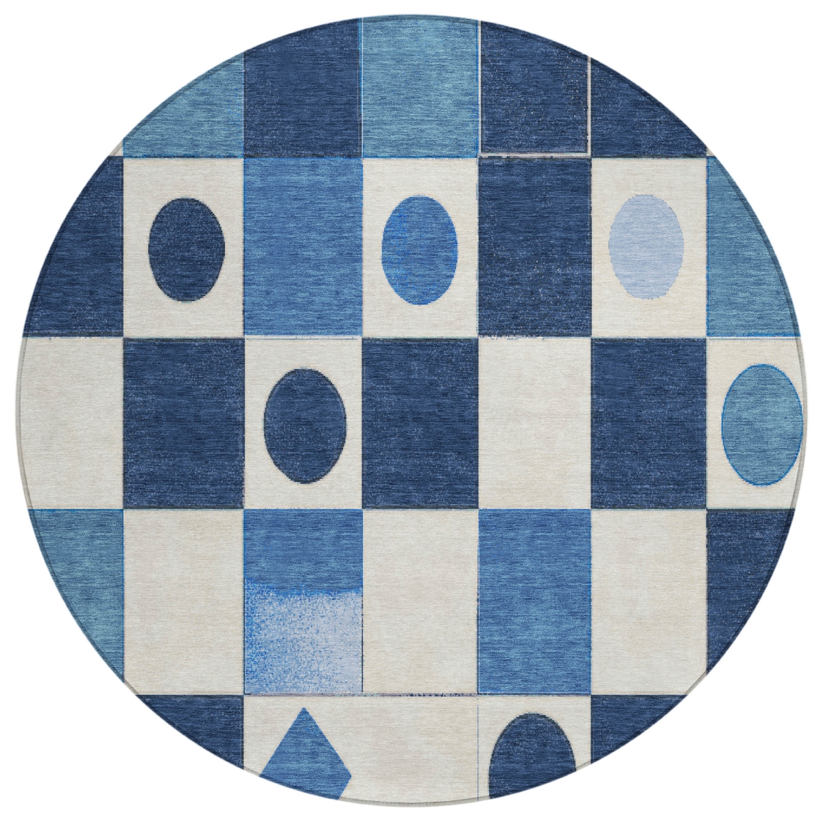 637949 8 ft. Blue & Ivory Geometric Washable Transitional Indoor & Outdoor Round Area Rug
