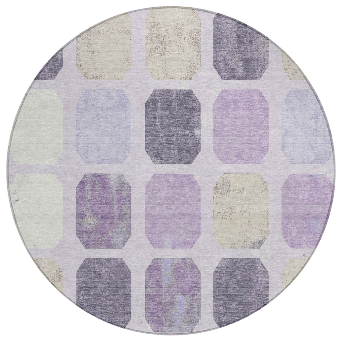 637961 8 ft. Lavender Ivory & Beige Geometric Washable Transitional Indoor & Outdoor Round Area Rug