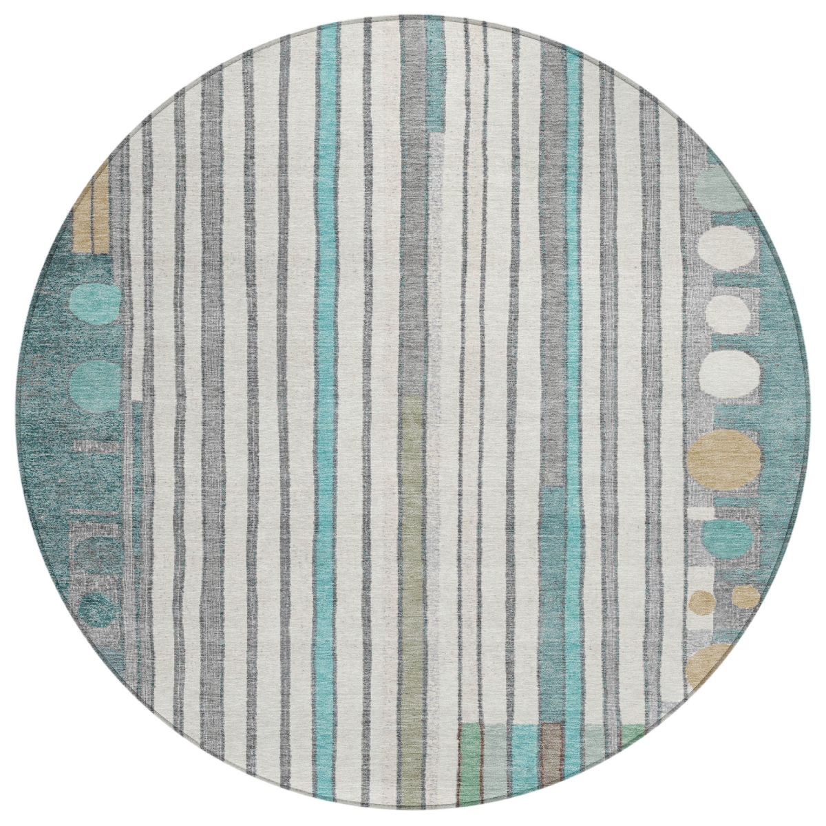 638153 8 ft. Teal Blue, Ivory & Gold Geometric Washable Transitional Indoor & Outdoor Round Area Rug