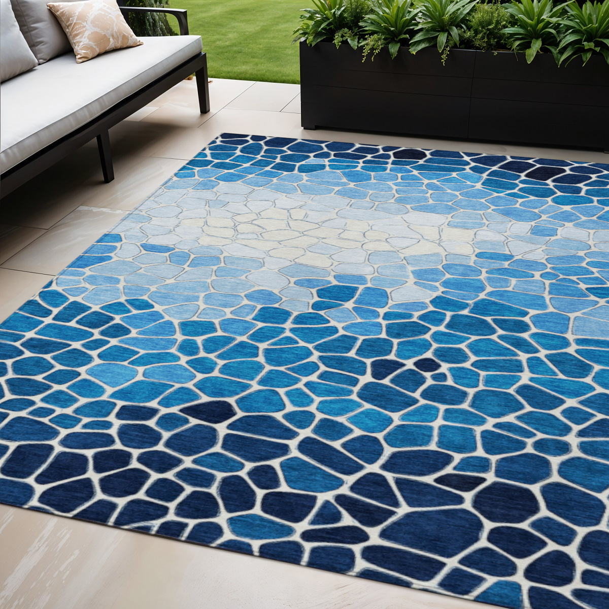 638158 5 x 8 ft. Blue & Ivory Geometric Washable Transitional Indoor & Outdoor Rectangle Area Rug