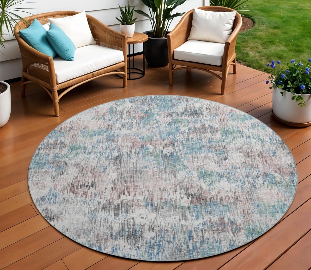 643567 8 ft. Blue, Ivory & Sage Abstract Washable Transitional Indoor & Outdoor Round Area Rug
