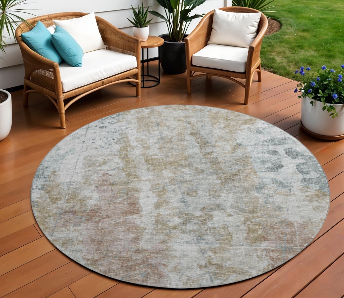643627 8 ft. Ivory Blue & Gold Abstract Washable Transitional Indoor & Outdoor Round Area Rug