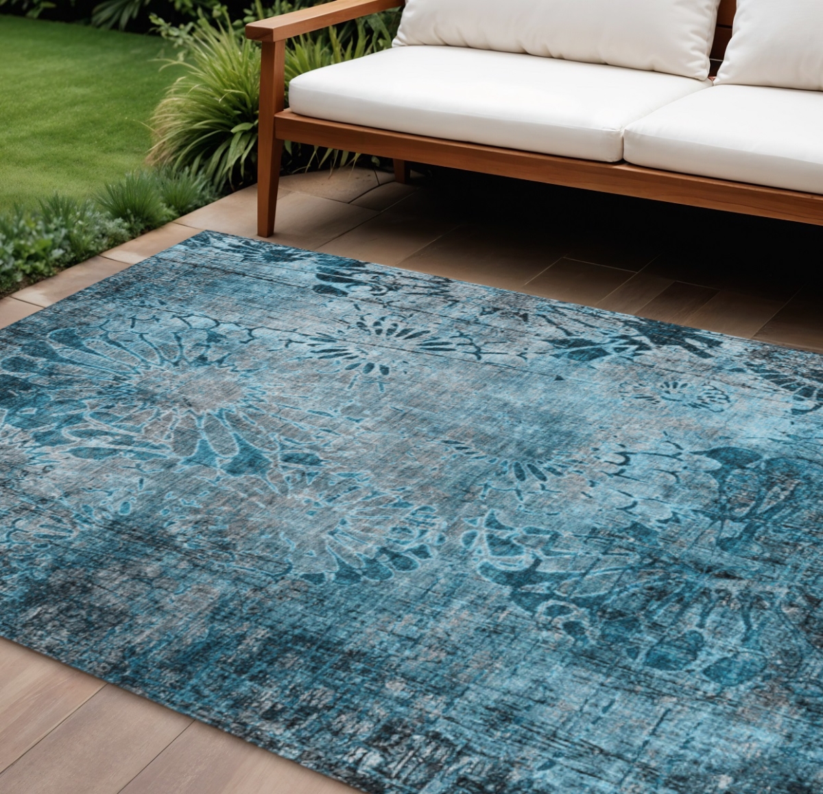 639302 8 x 10 ft. Teal, Blue & Gray Floral Washable Transitional Indoor & Outdoor Rectangle Area Rug