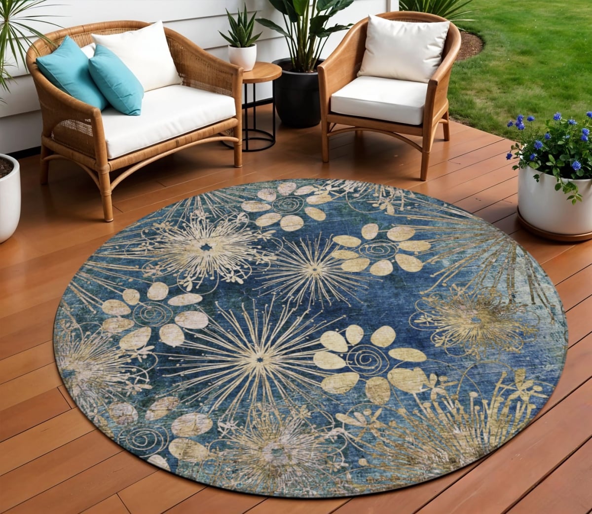 639337 8 ft. Navy Blue & Gold Floral Washable Transitional Indoor & Outdoor Round Area Rug