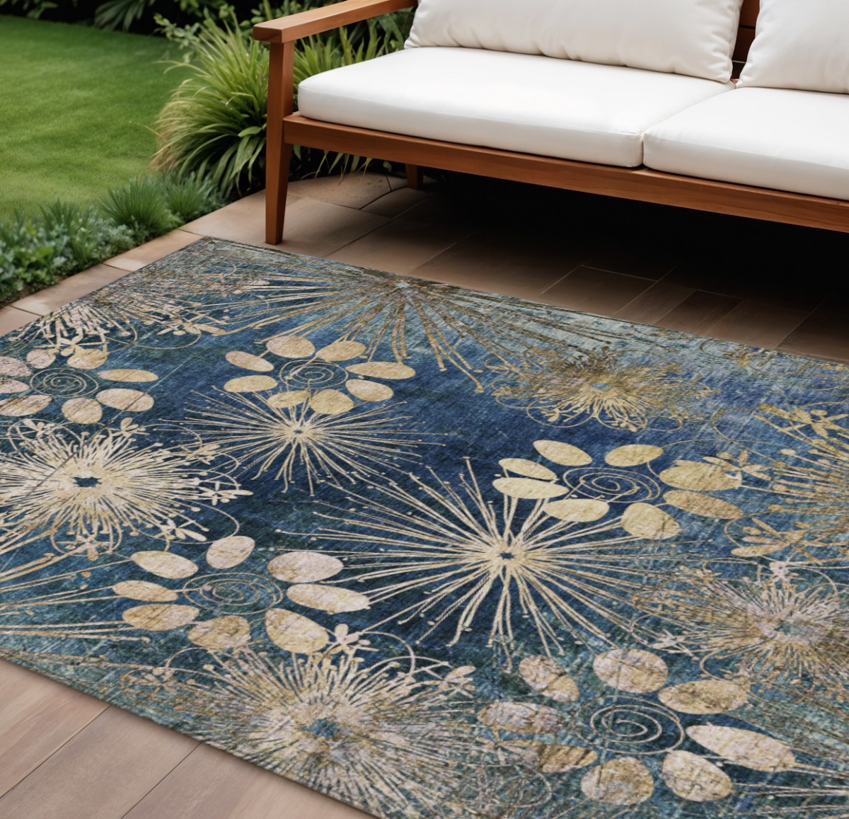 639339 9 x 12 ft. Navy Blue & Gold Floral Washable Transitional Indoor & Outdoor Rectangle Area Rug