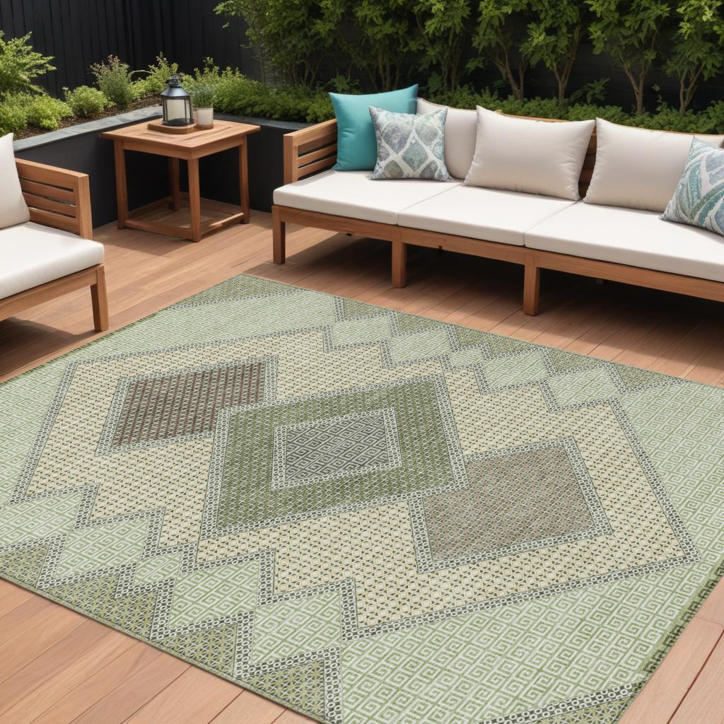 631914 10 x 14 ft. Green Gray & Taupe Geometric Washable Transitional Indoor & Outdoor Rectangle Area Rug