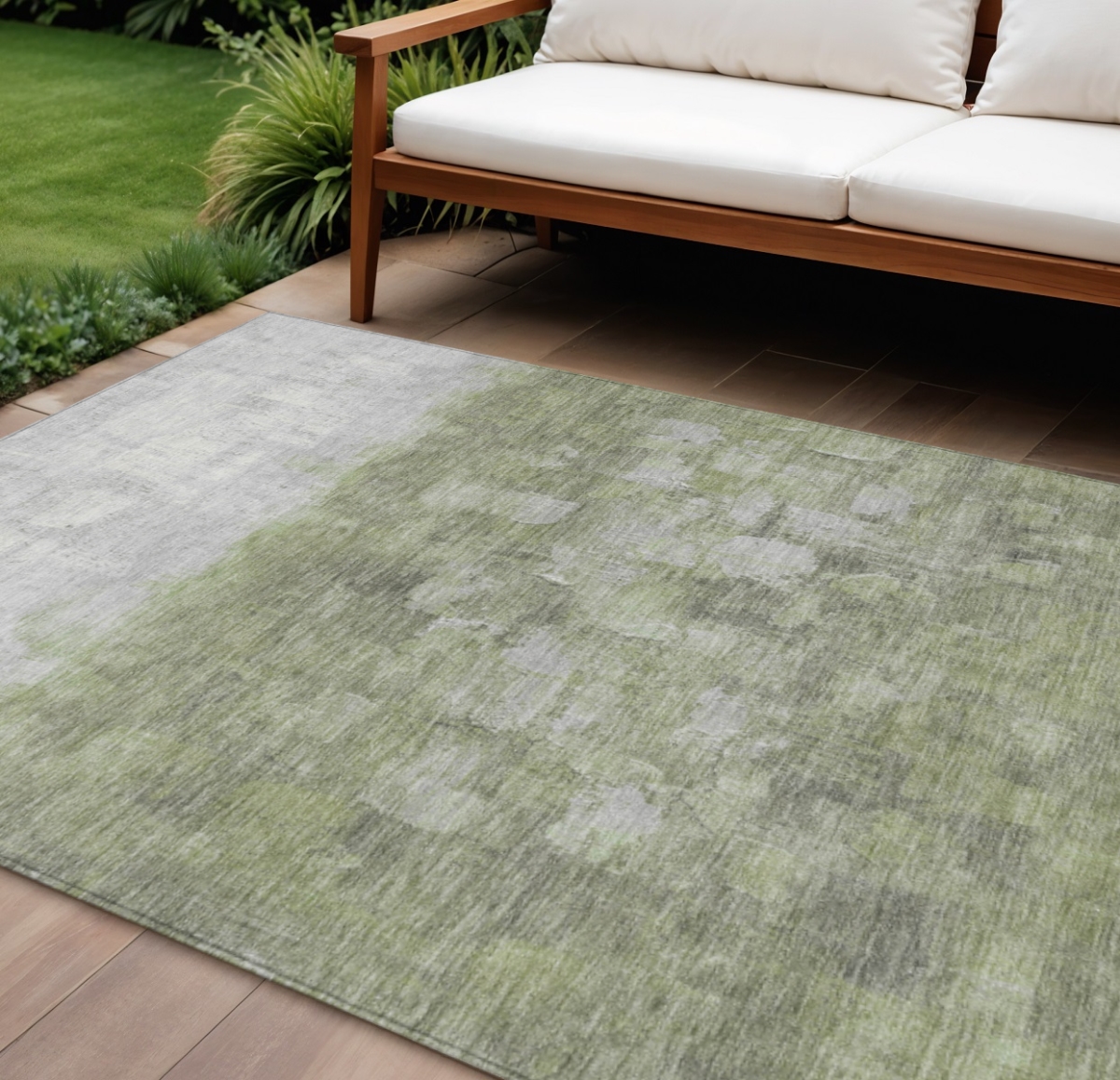 632075 9 x 12 ft. Fern Green & Silver Abstract Washable Transitional Indoor & Outdoor Rectangle Area Rug