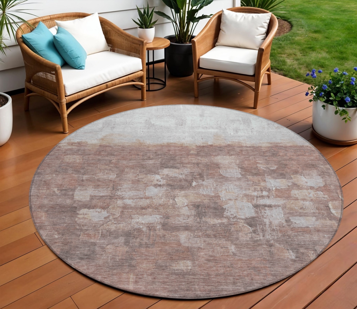 632085 8 ft. Rust & Silver Abstract Washable Transitional Indoor & Outdoor Round Area Rug