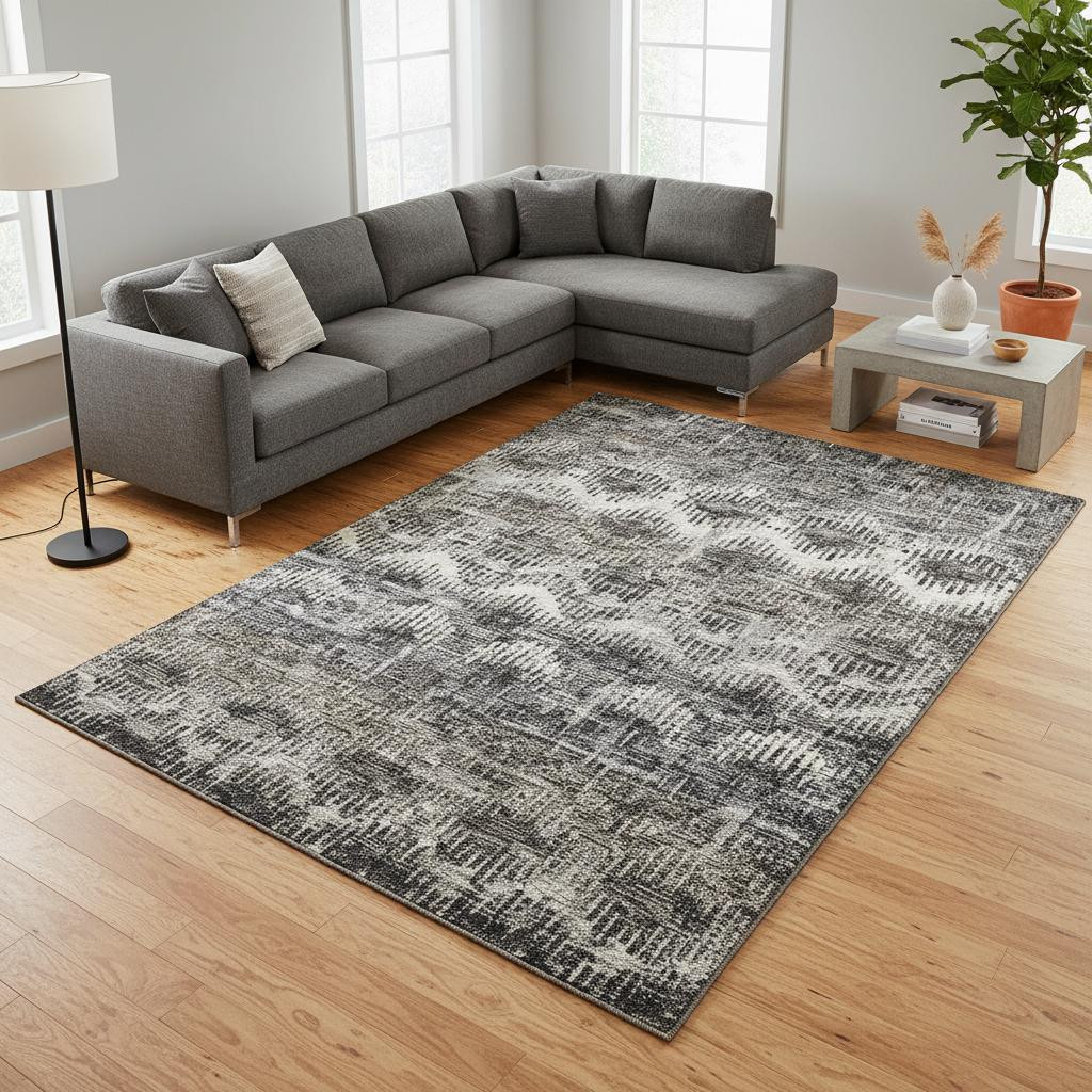 644166 8 x 10 ft. Graphite Ivory & Beige Abstract Washable Machine Made Rectangle Area Rug with UV Protection