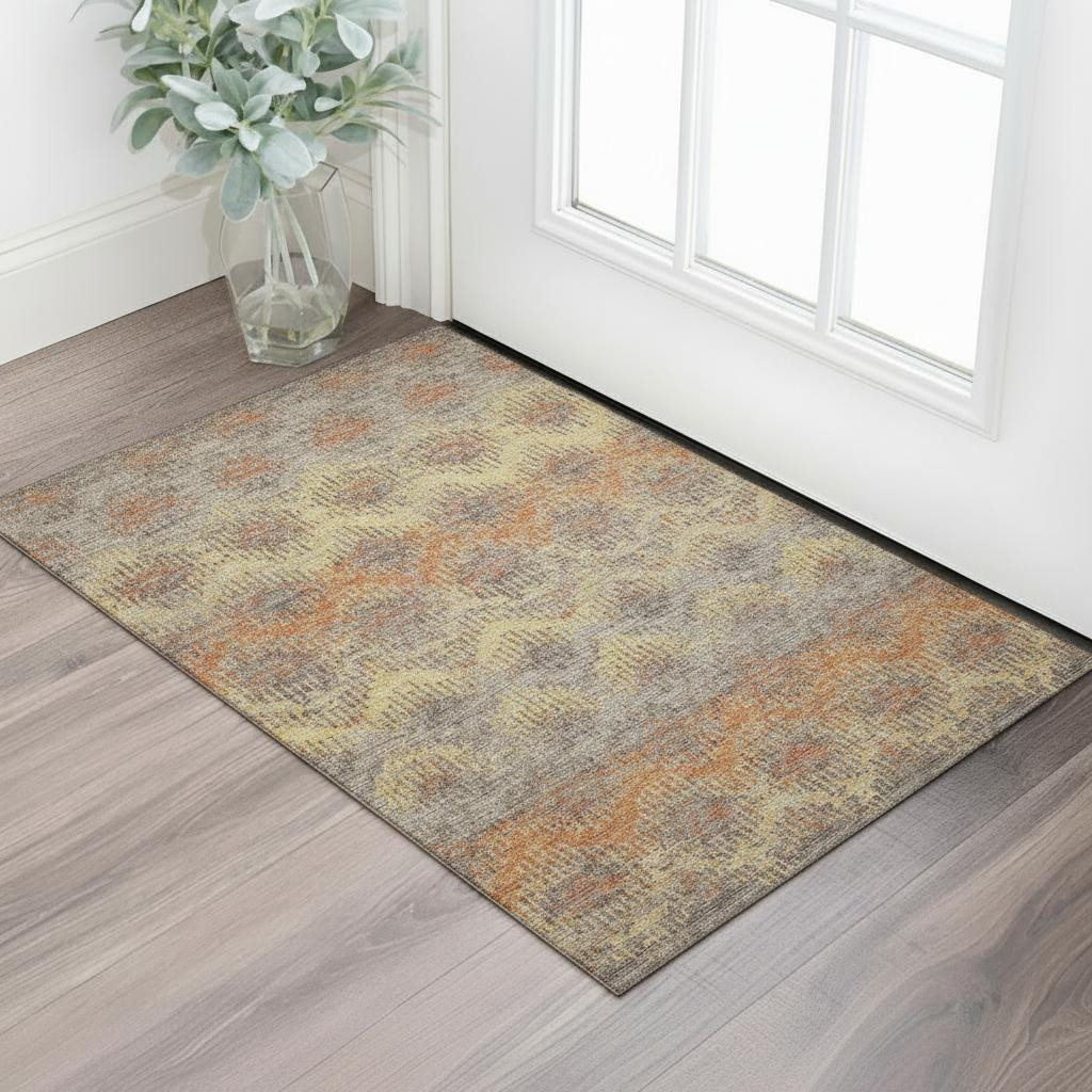 644169 3 x 5 ft. Burnt Sienna Gold & Gray Abstract Washable Machine Made Rectangle Area Rug with UV Protection