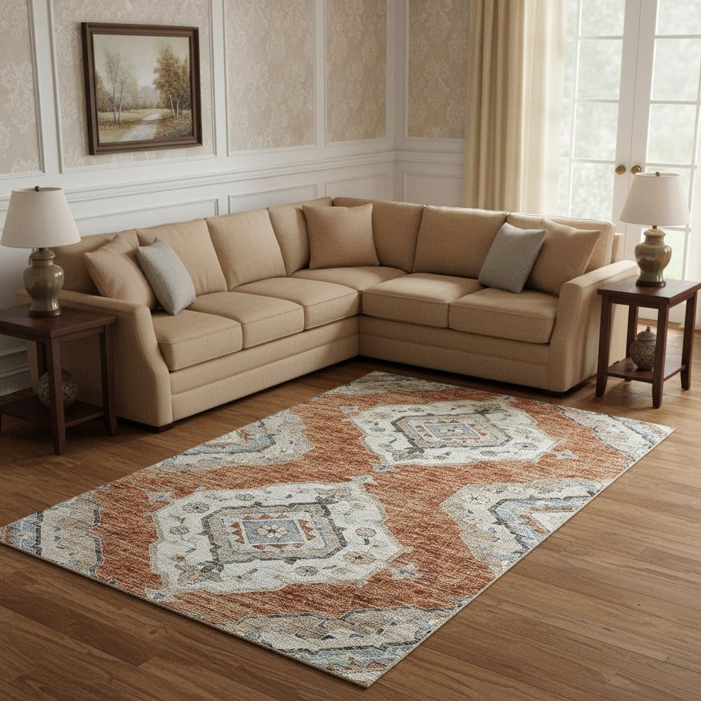 644184 8 x 10 ft. Terra Cotta Ivory & Blue Tribal Washable Machine Made Rectangle Area Rug with UV Protection