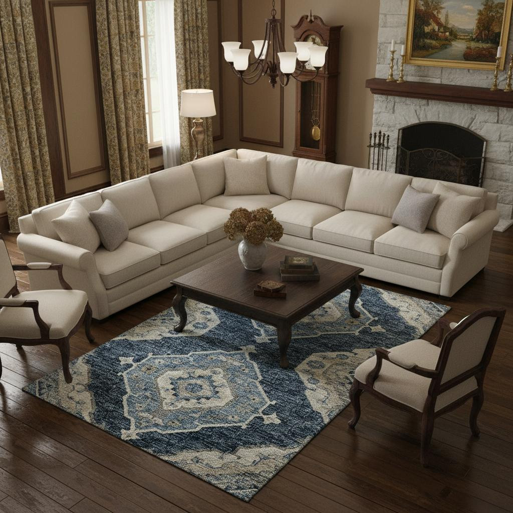 644198 10 x 14 ft. Blue & Ivory Tribal Traditional Washable Machine Made Rectangle Area Rug with UV Protection