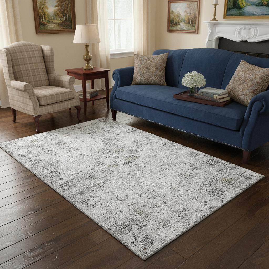 644200 5 x 8 ft. Light Gray & Charcoal Floral Medallion Washable Machine Made Rectangle Area Rug with UV Protection