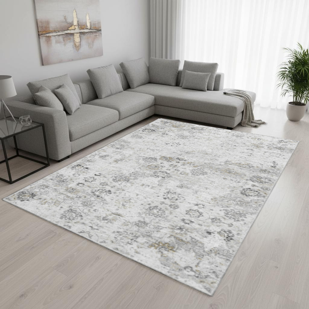 644203 9 x 12 ft. Light Gray & Charcoal Floral Medallion Washable Machine Made Rectangle Area Rug with UV Protection