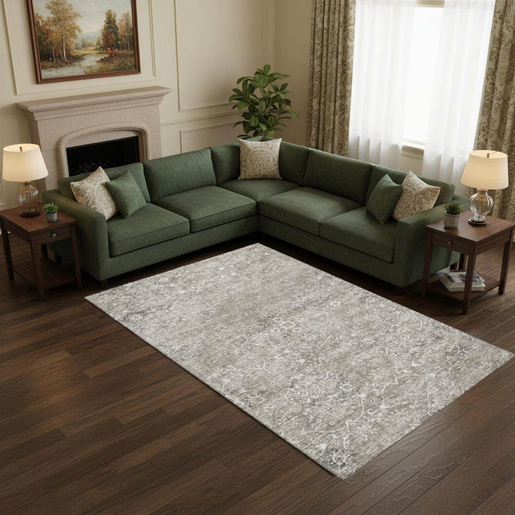 644210 10 x 14 ft. Stone & Coffee Floral Medallion Washable Machine Made Rectangle Area Rug with UV Protection