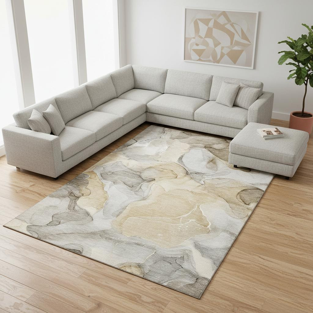 646708 8 x 10 ft. Brown, Gray & Ivory Abstract Transitional Washable Machine Made Rectangle Area Rug with UV Protection