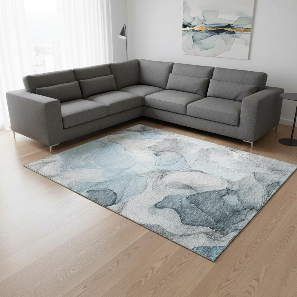 646744 8 x 10 ft. Teal & Gray Abstract Transitional Washable Machine Made Rectangle Area Rug with UV Protection
