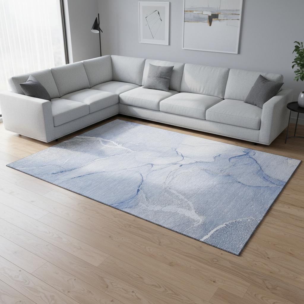 646960 10 x 14 ft. Blue & Ivory Abstract Transitional Washable Machine Made Rectangle Area Rug with UV Protection