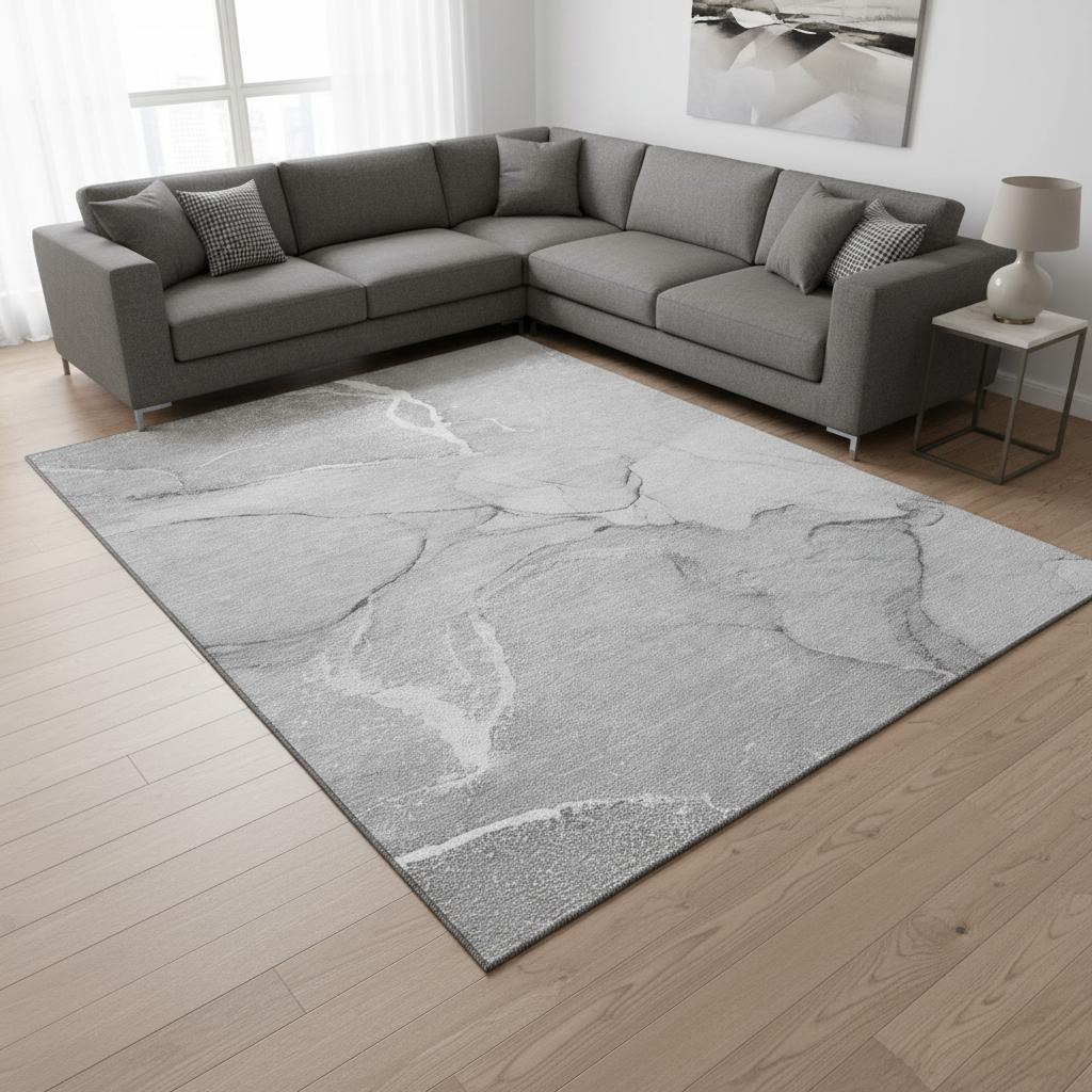 646965 9 x 12 ft. Gray & Ivory Abstract Transitional Washable Machine Made Rectangle Area Rug with UV Protection