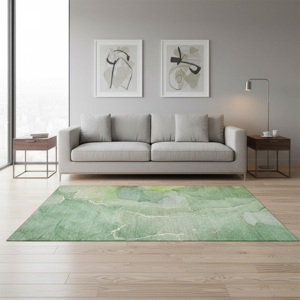 646980 5 x 8 ft. Green & Ivory Abstract Transitional Washable Machine Made Rectangle Area Rug with UV Protection
