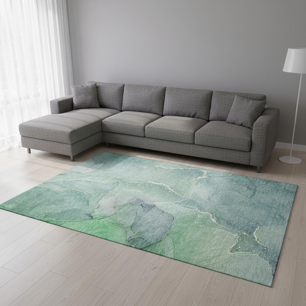 646996 10 x 14 ft. Teal & Ivory Abstract Transitional Washable Machine Made Rectangle Area Rug with UV Protection